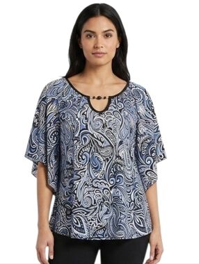 Notations Women’s Blue Black Paisley Print Blouse Medium Beaded Keyhole Top
